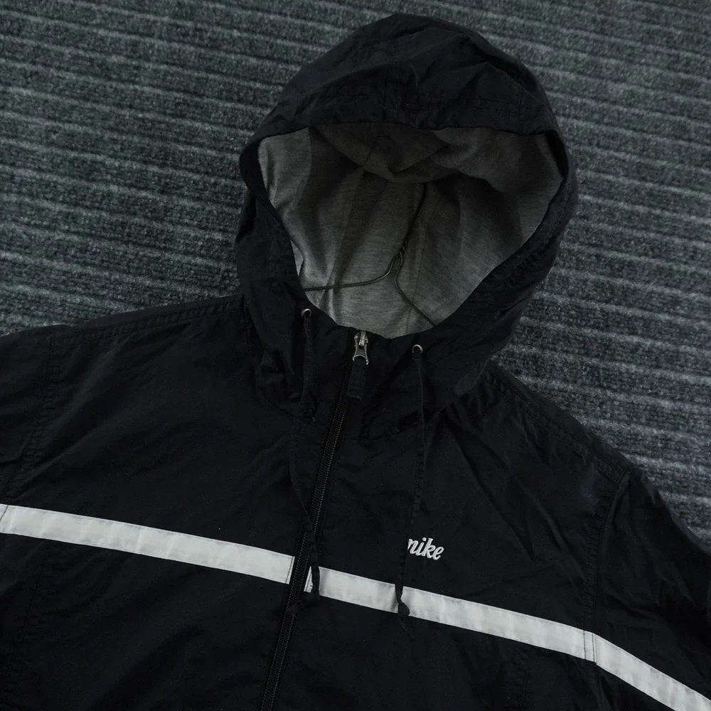 Vintage Nike Windbreaker Jacket Mens M Black White Stripe Full Zip Hooded